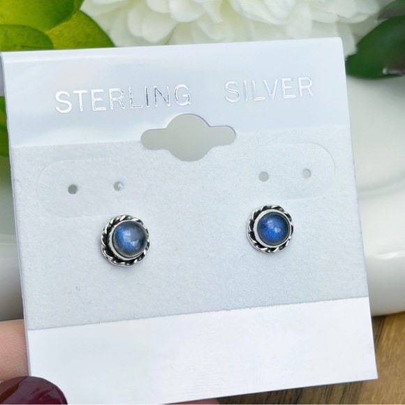 Dark Blue Flash Labradorite Stud Earrings Southwest Pure Sterling Silver 925 - Picture 5 of 10